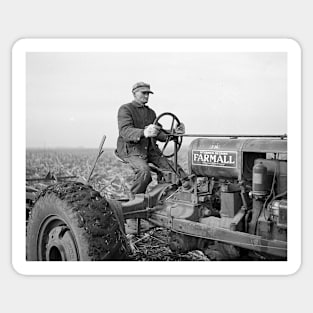 Farmer Driving Tractor, 1937. Vintage Photo Sticker